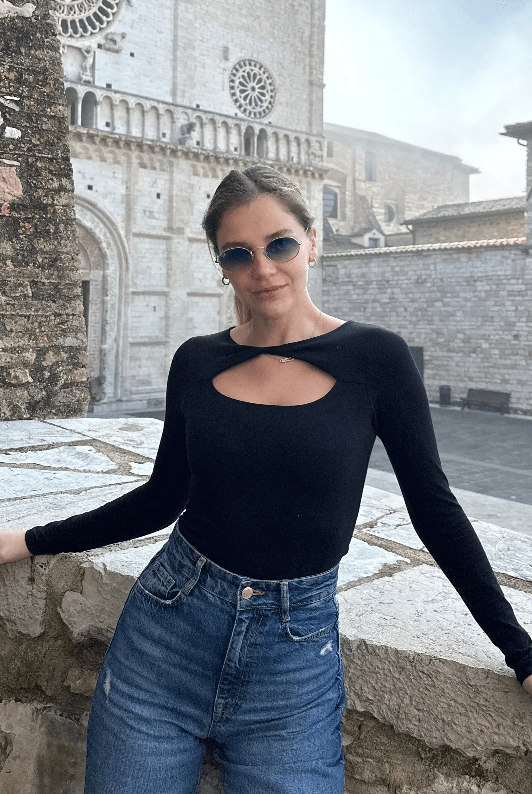 Lezat Bodysuit Whitney Cotton Long Sleeve Cutout Twist Bodysuit - Black