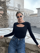 Lezat Bodysuit Whitney Cotton Long Sleeve Cutout Twist Bodysuit - Black