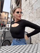 Lezat Bodysuit Whitney Cotton Long Sleeve Cutout Twist Bodysuit - Black