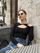 Lezat Bodysuit Whitney Cotton Long Sleeve Cutout Twist Bodysuit - Black