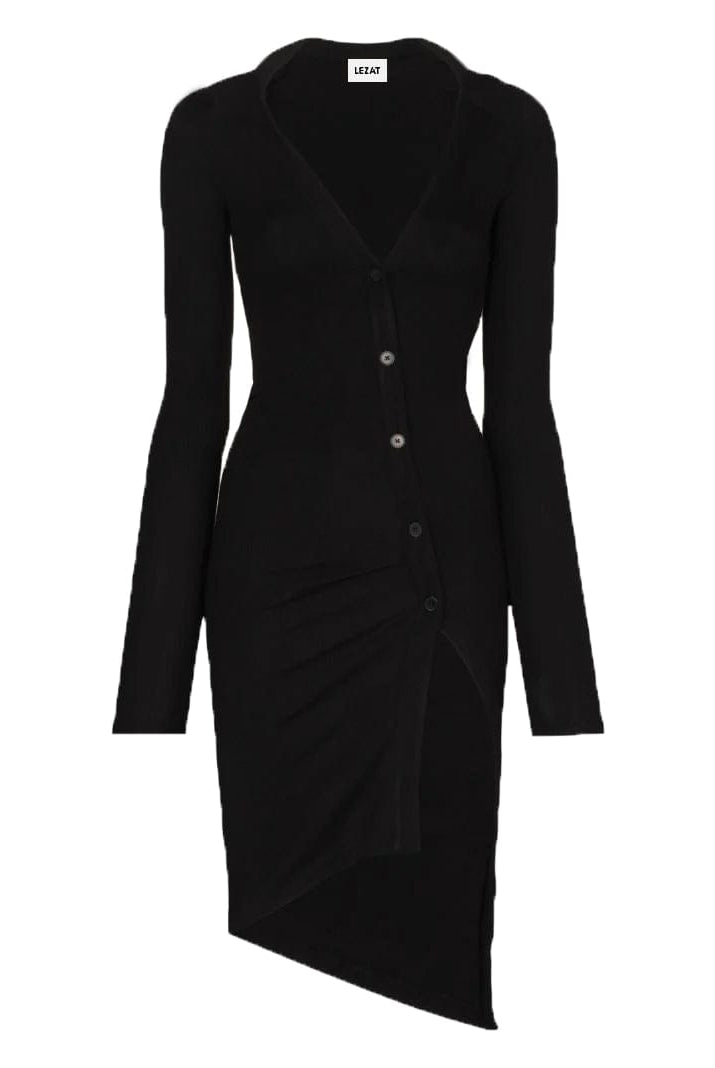 Lezat Dress Lizzie Long Sleeve Ribbed Button Dress - Black