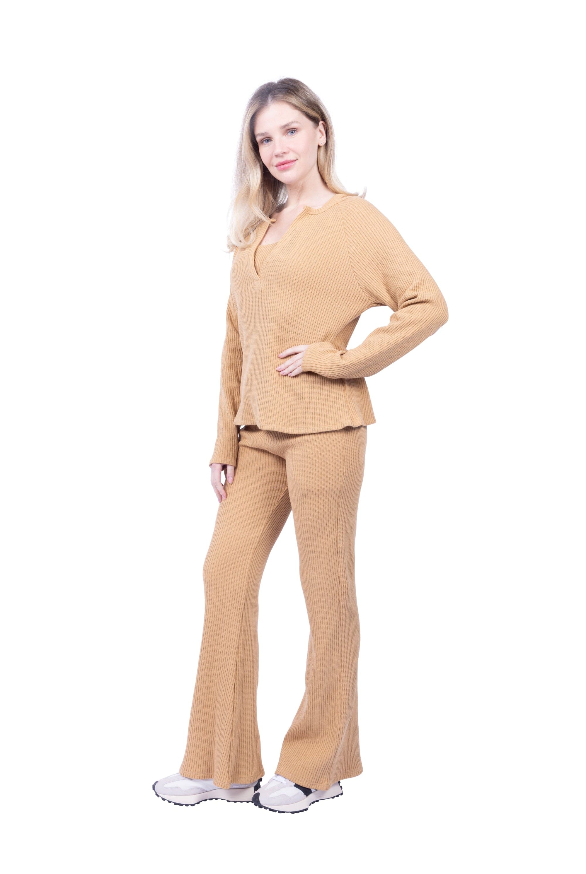 Lezat Pullover Jules Waffle Knit Organic Cotton V-Neck Pullover - Iced Coffee