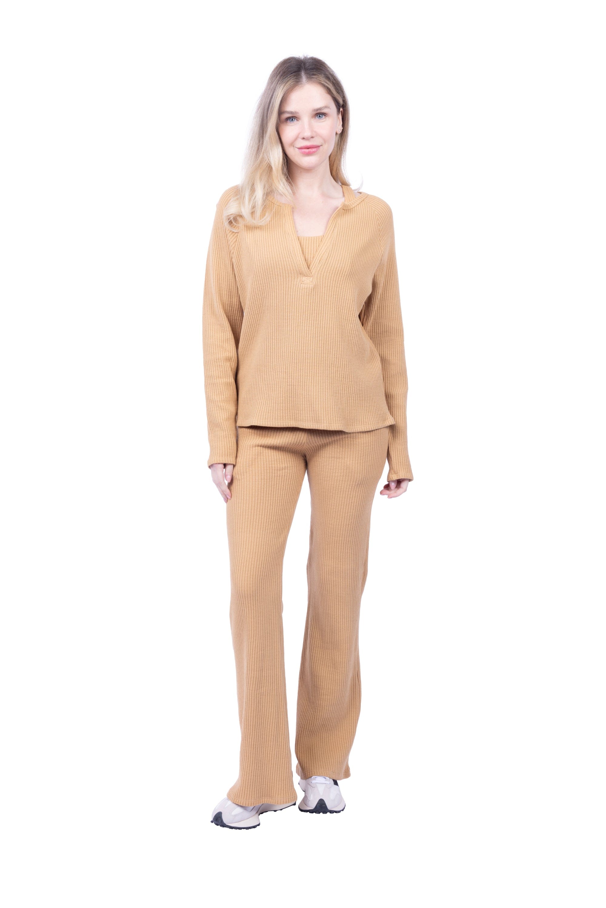 Lezat Pullover Jules Waffle Knit Organic Cotton V-Neck Pullover - Iced Coffee