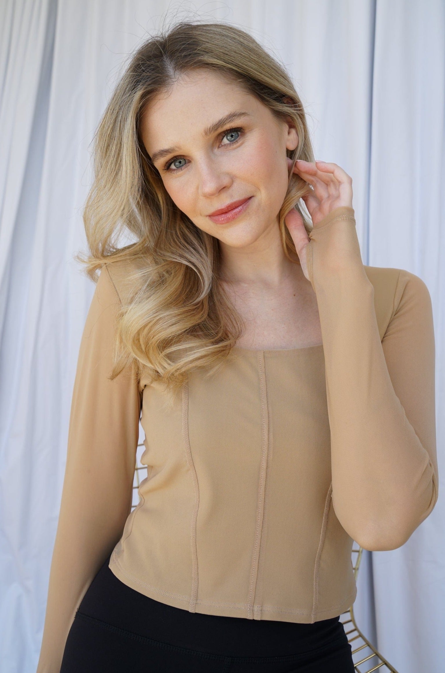 Lezat Sweatpants Hailey Mesh and Cotton Long Sleeve Top - Latte