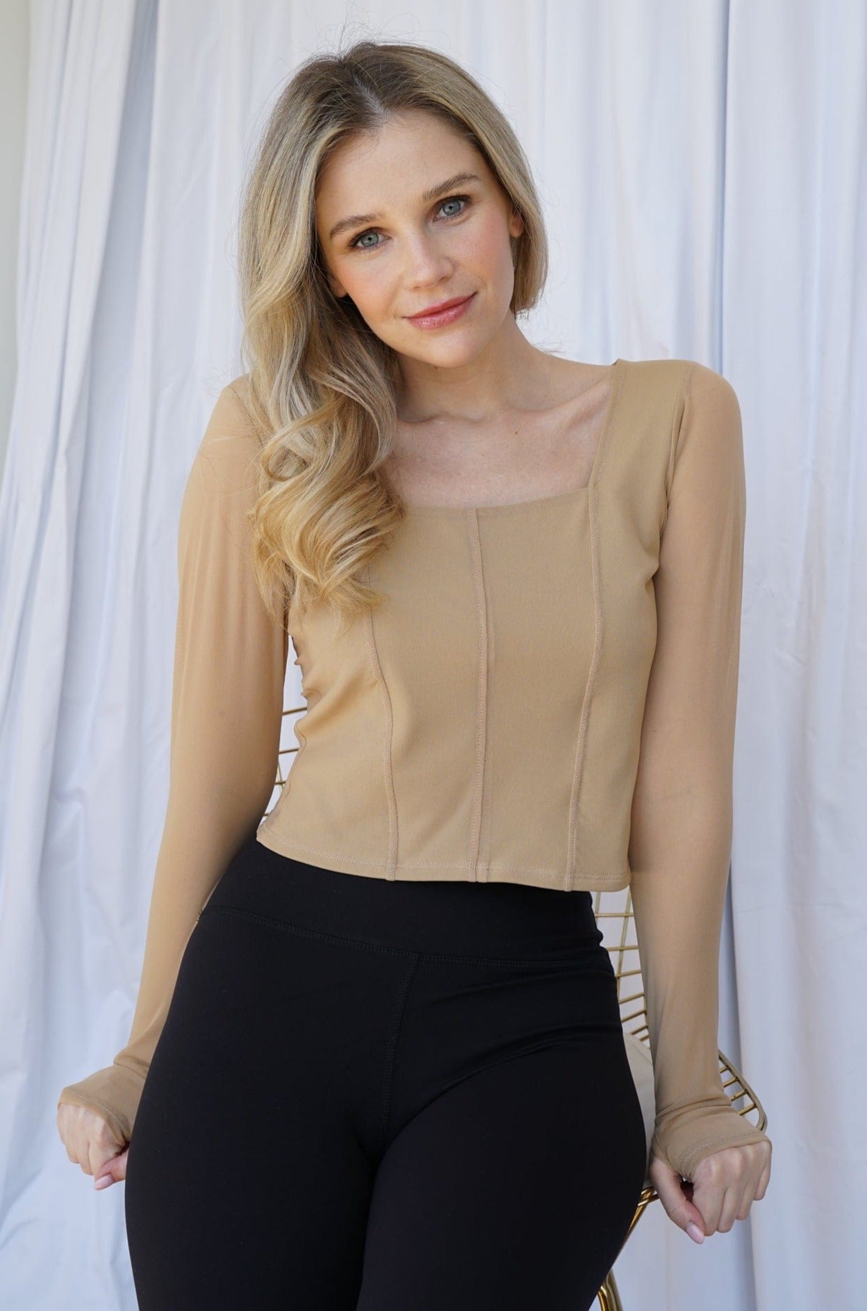 Lezat Sweatpants Hailey Mesh and Cotton Long Sleeve Top - Latte