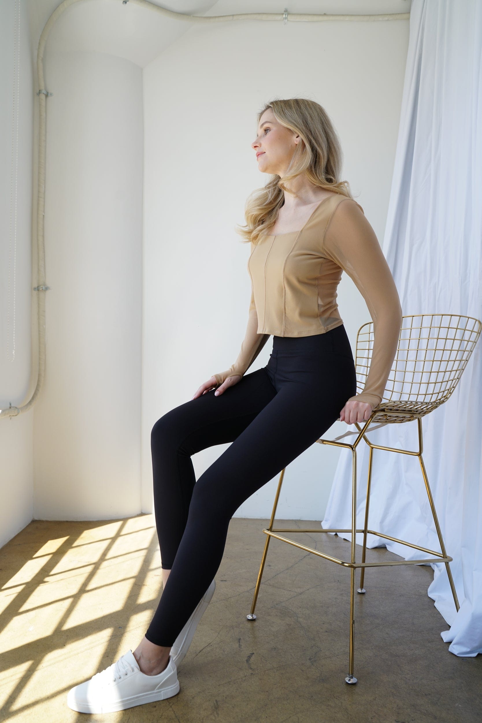 Lezat Sweatpants Hailey Mesh and Cotton Long Sleeve Top - Latte