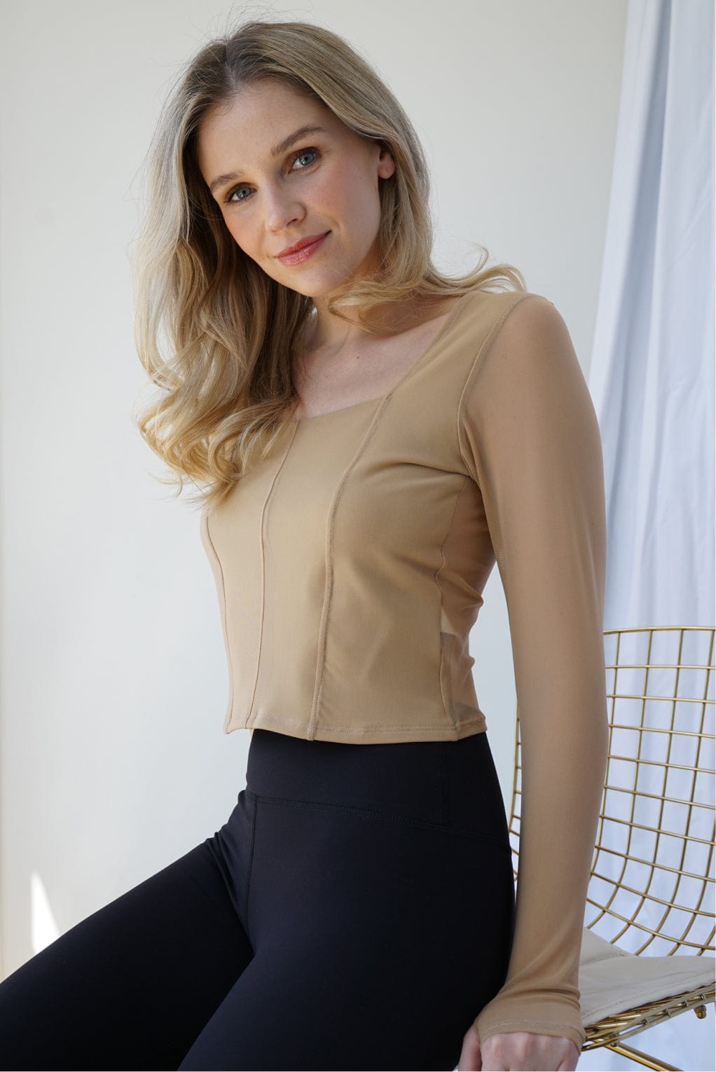 Lezat Sweatpants Hailey Mesh and Cotton Long Sleeve Top - Latte