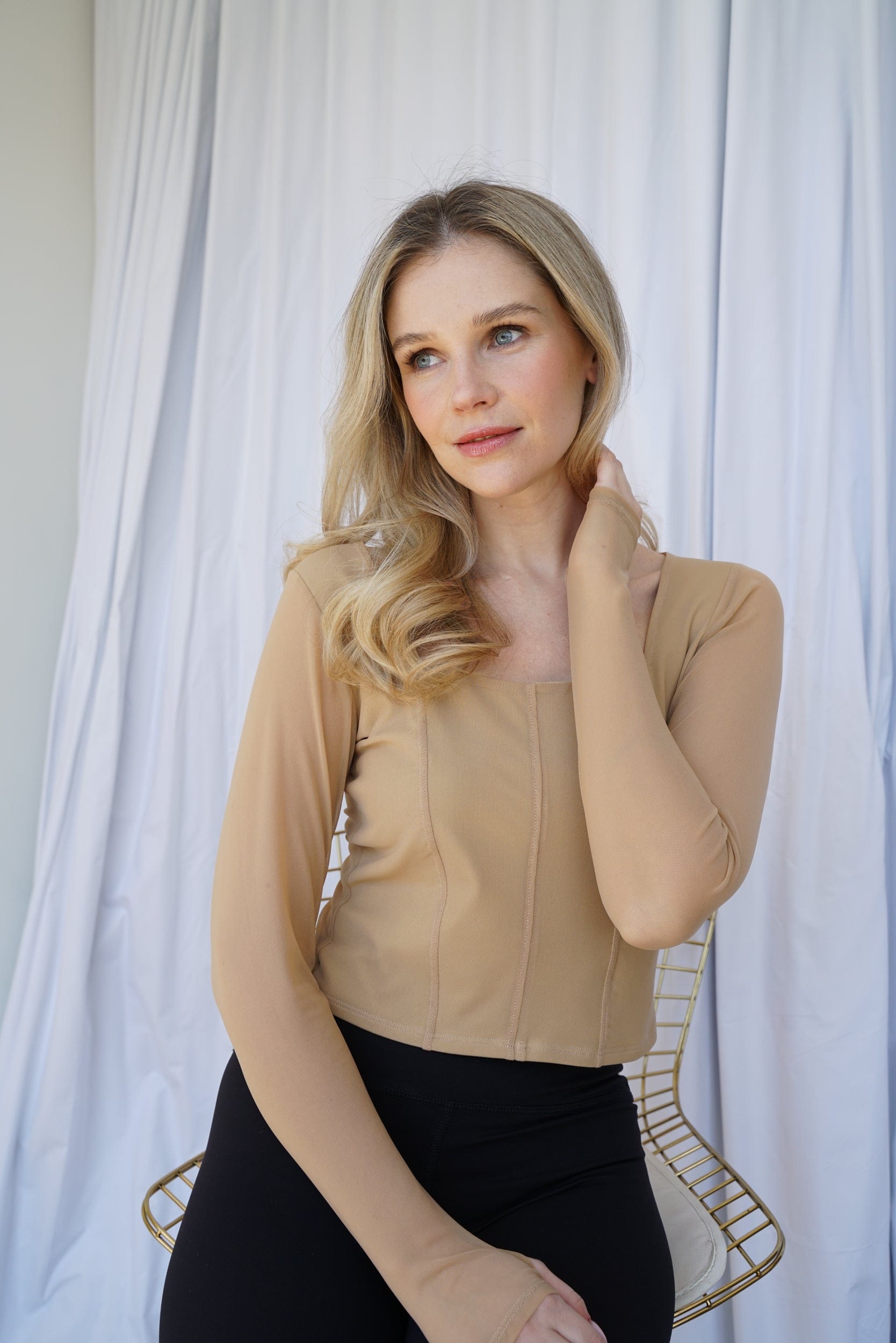 Lezat Top Hailey Mesh and Cotton Long Sleeve Top - Latte