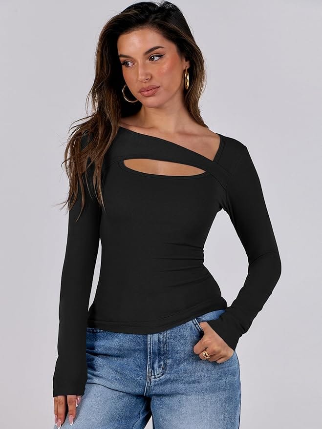 Lezat Top Paige Cotton Long Sleeve Cutout Top - Black