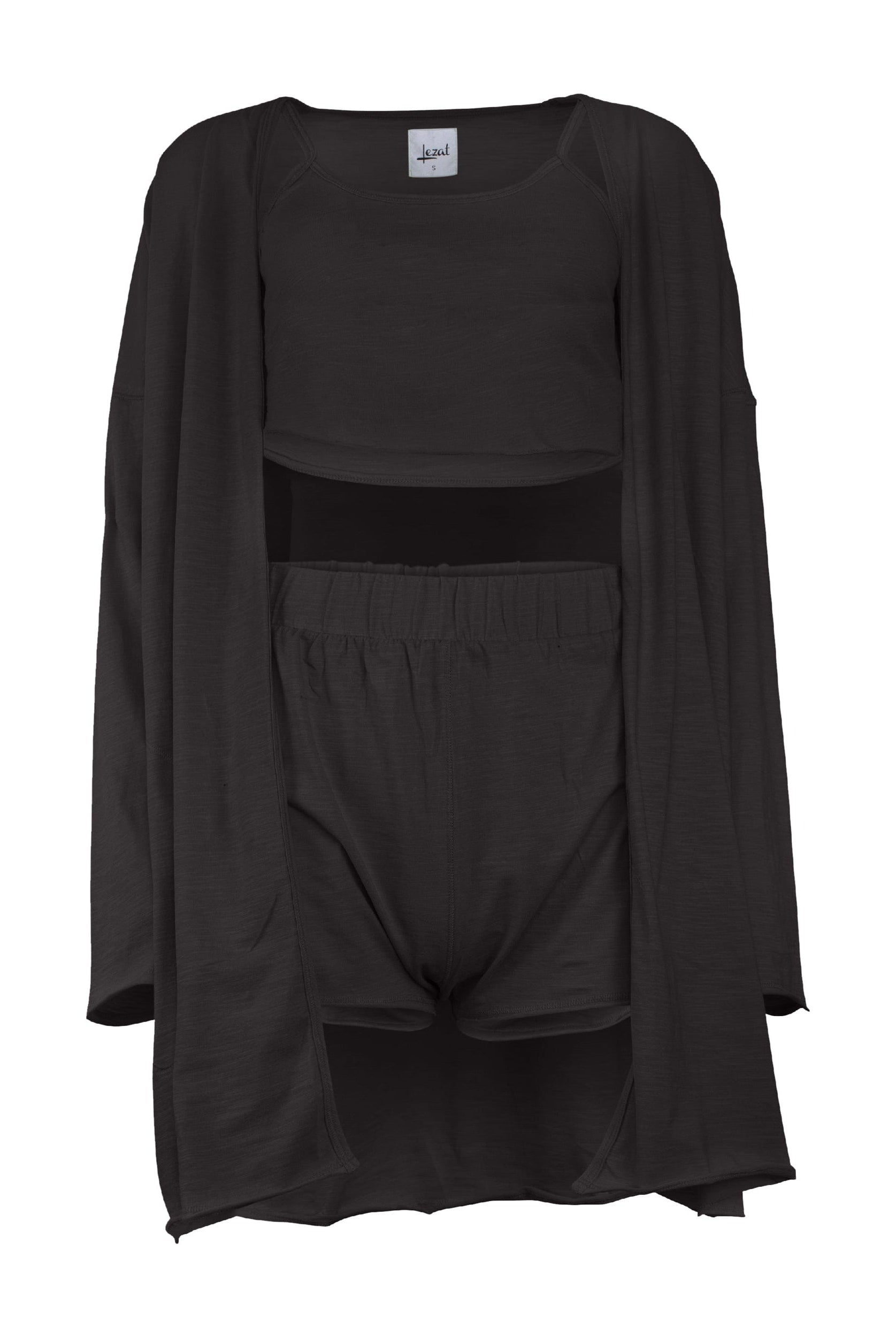 Lezat Loungewear Kora Cotton Tank, Shorts & Robe Sleep Set - Black