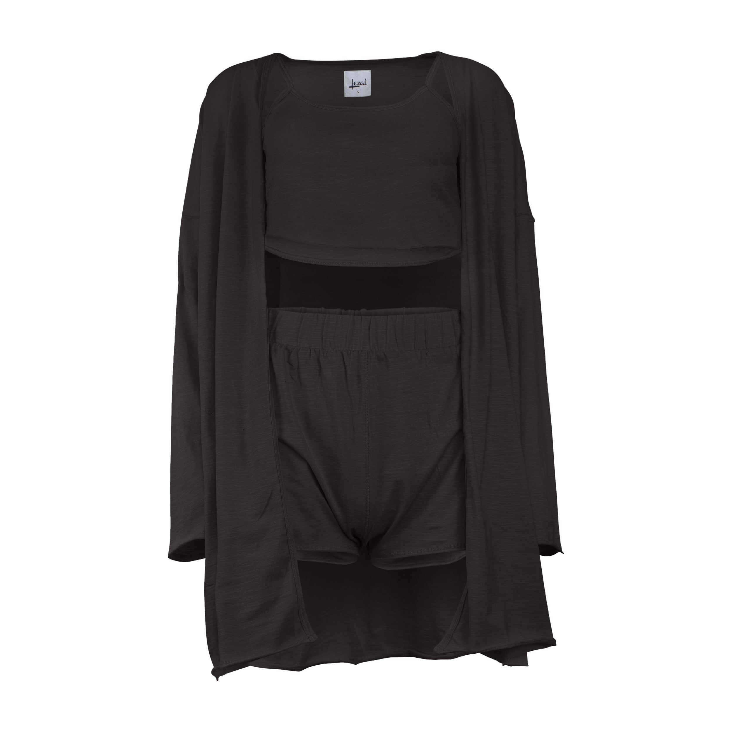 Lezat Loungewear Kora Cotton Tank, Shorts & Robe Sleep Set - Black