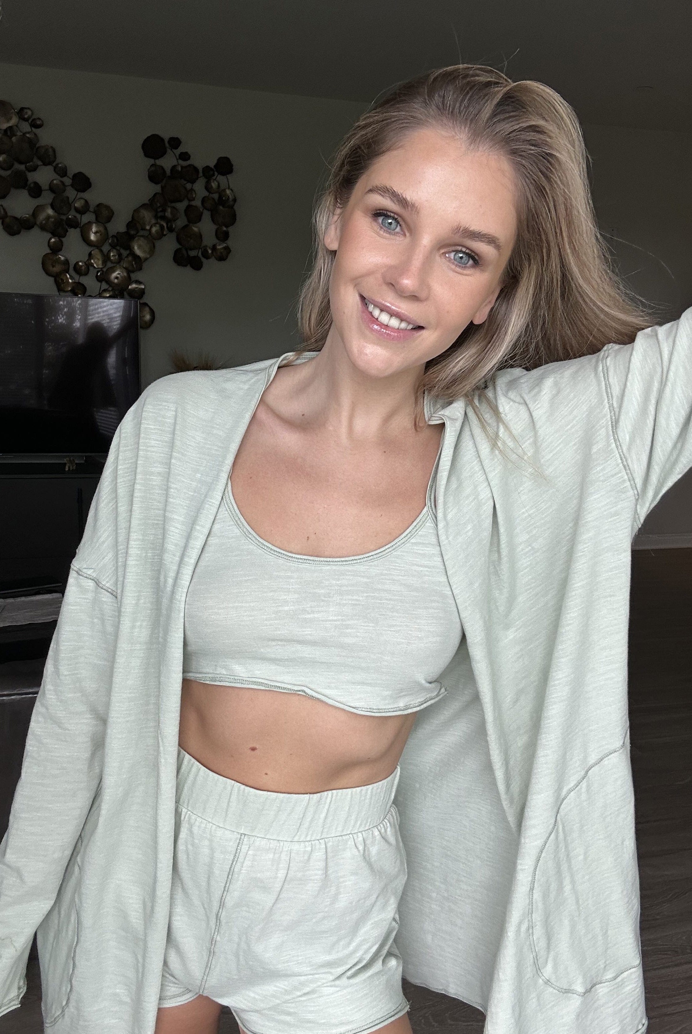 Lezat Loungewear Kora Cotton Tank, Shorts & Robe Sleep Set - Sage