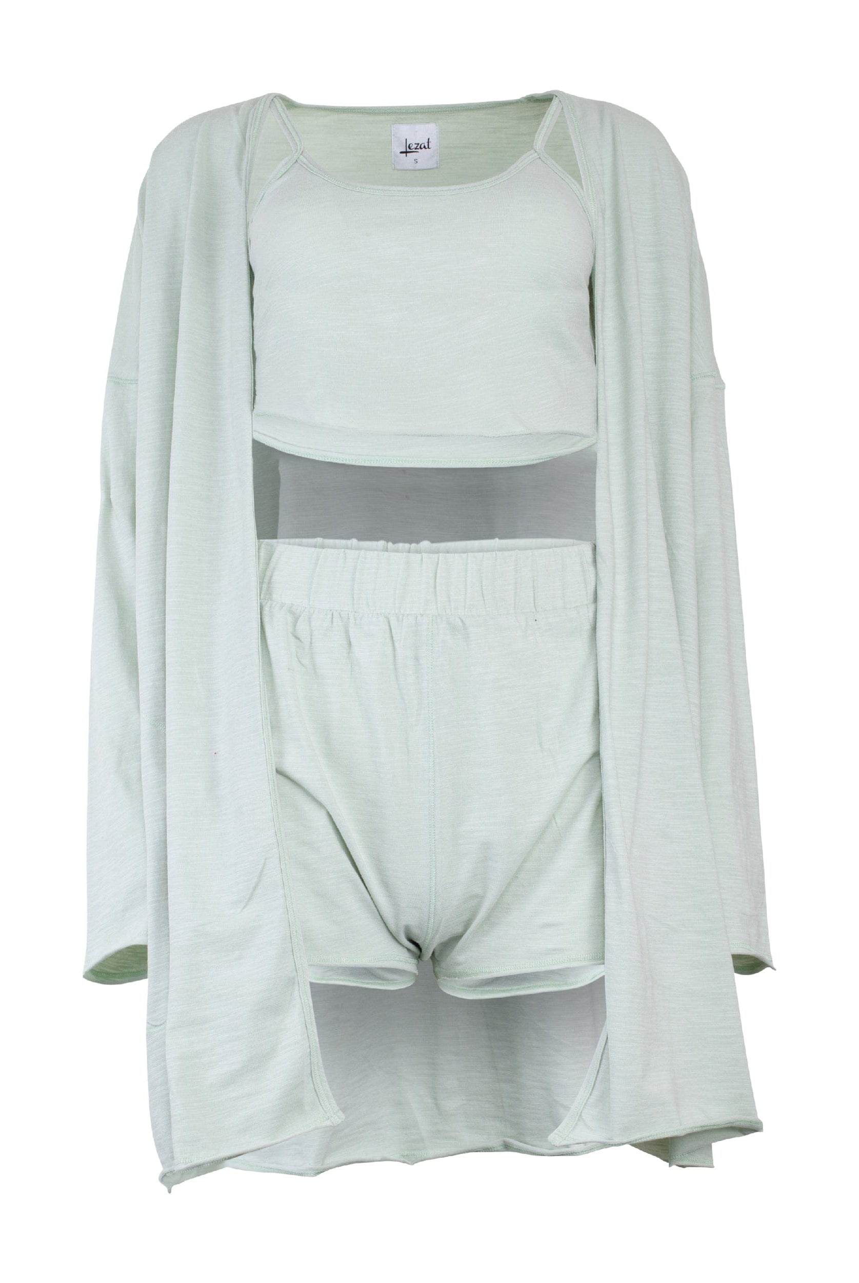 Lezat Loungewear Kora Cotton Tank, Shorts & Robe Sleep Set - Sage