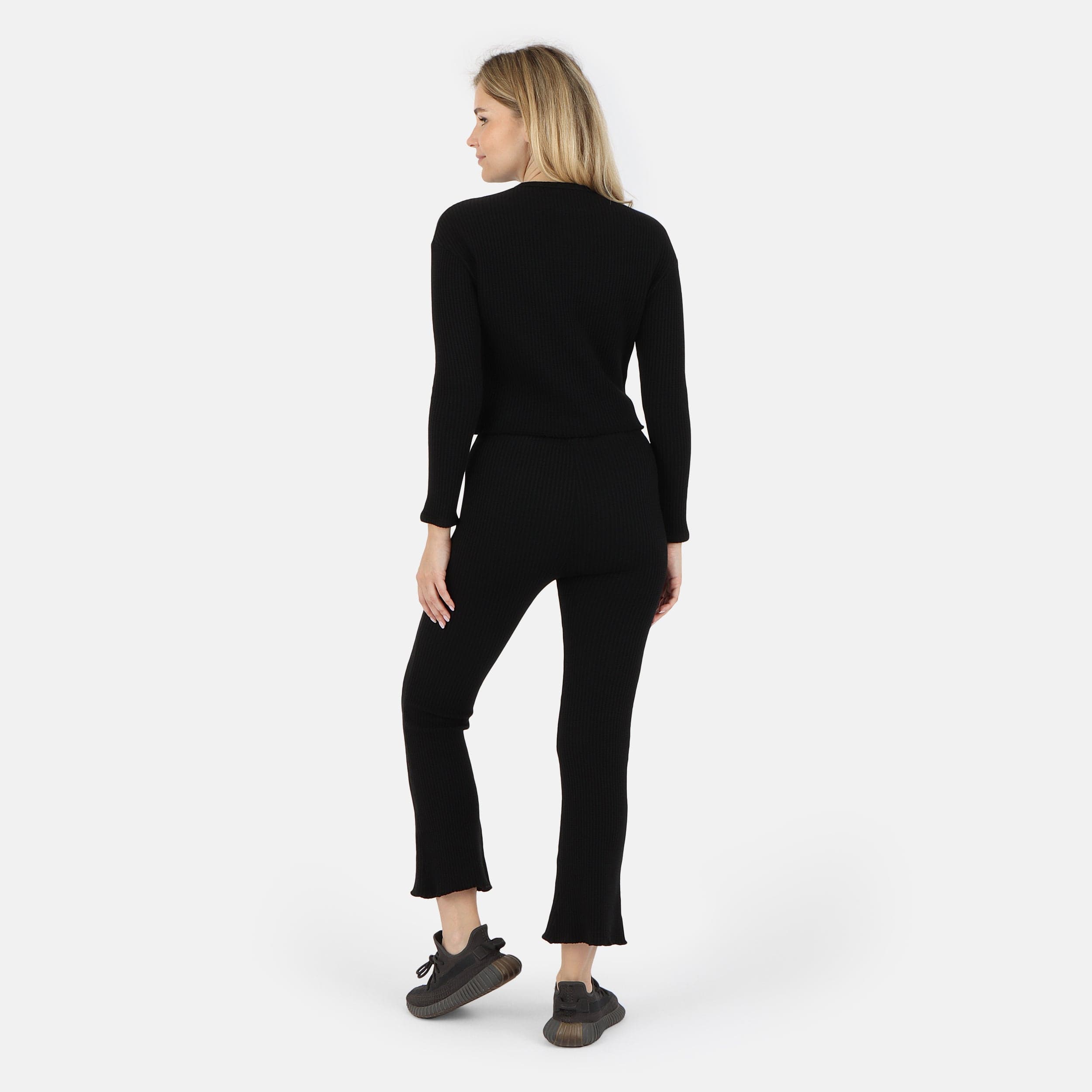 Lezat Pullover Fiona Organic Cotton Waffle Thermal Pullover Top - Black