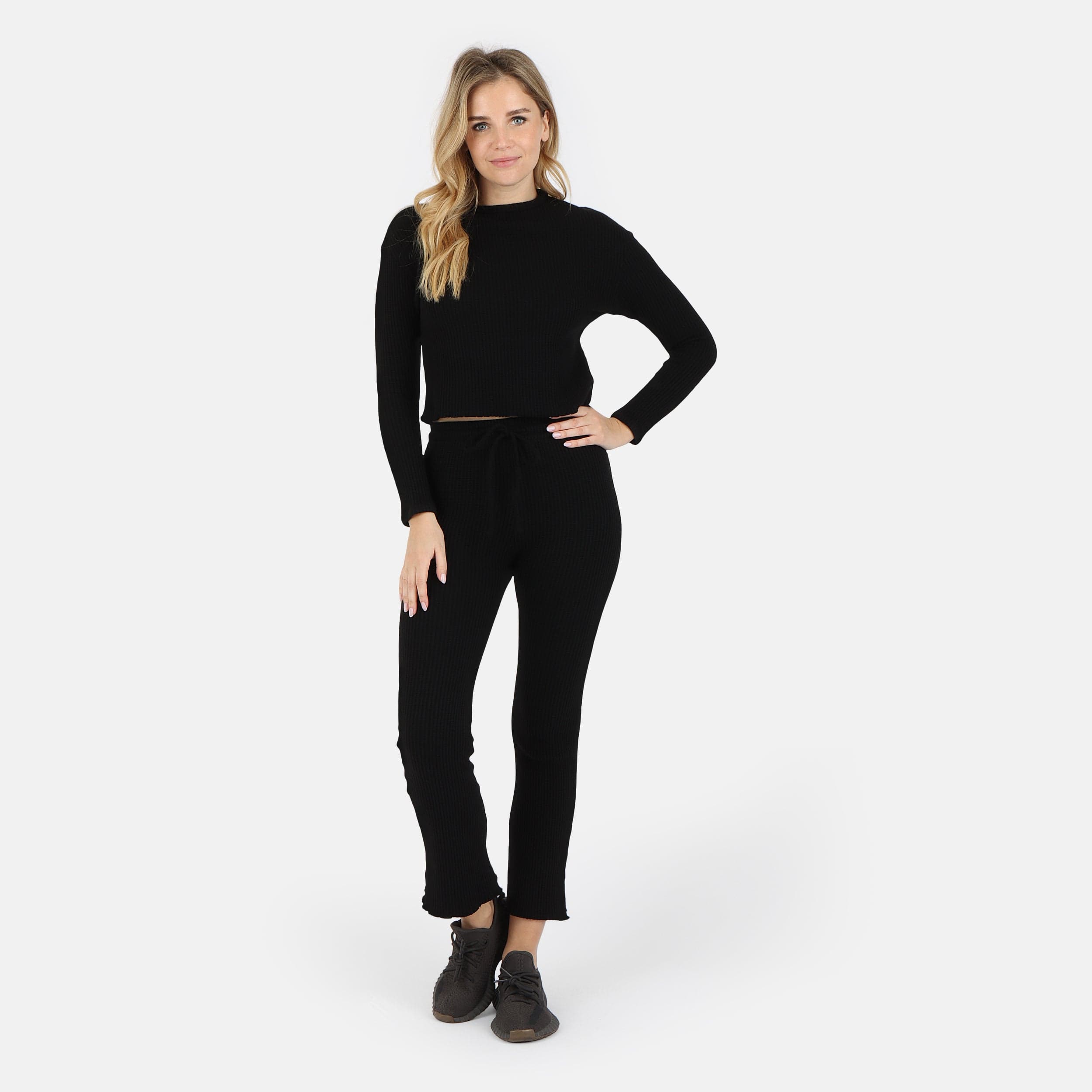 Lezat Pullover Fiona Organic Cotton Waffle Thermal Pullover Top - Black