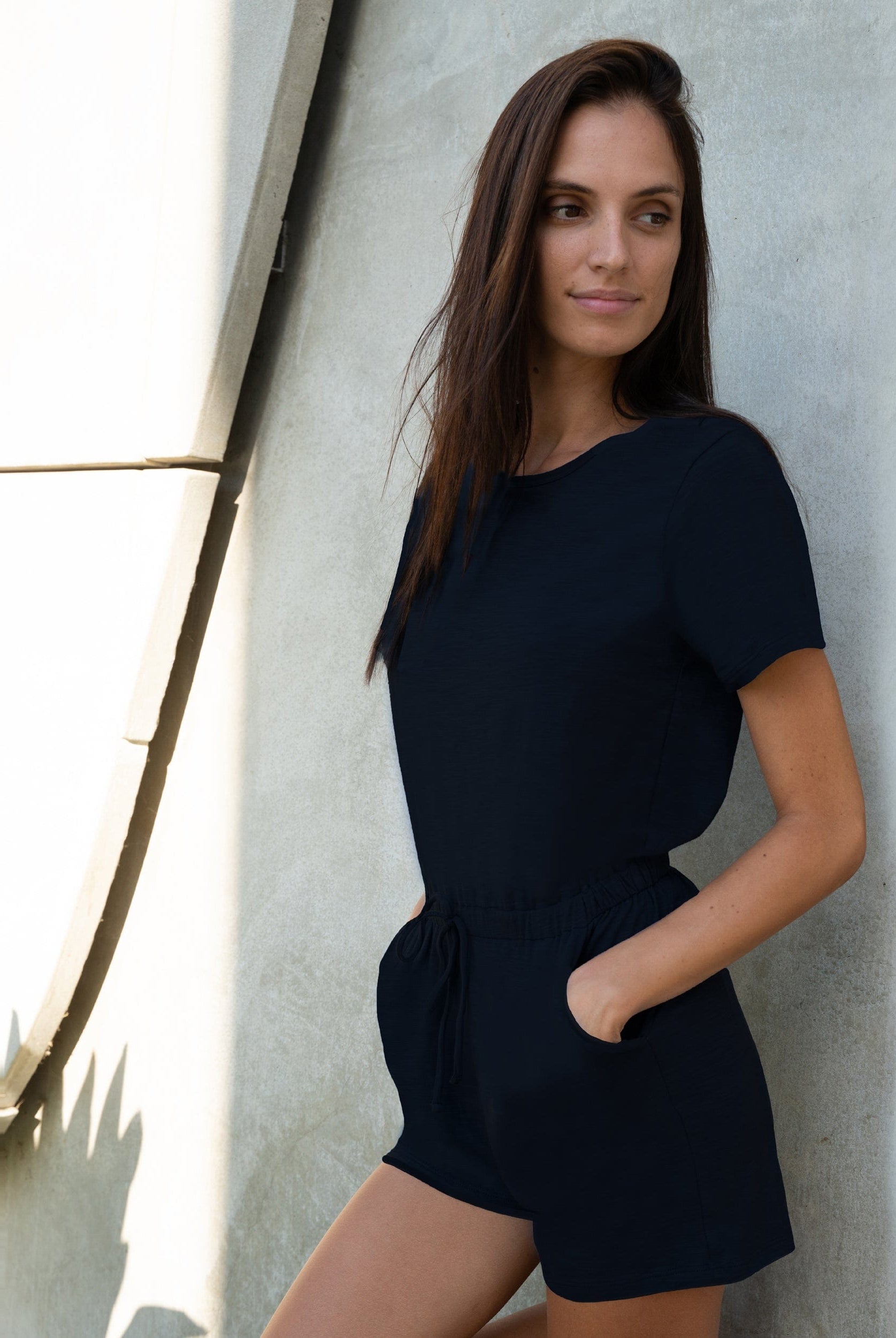 Lezat Rompers Sandy Short Sleeve Drawstring Romper - Black