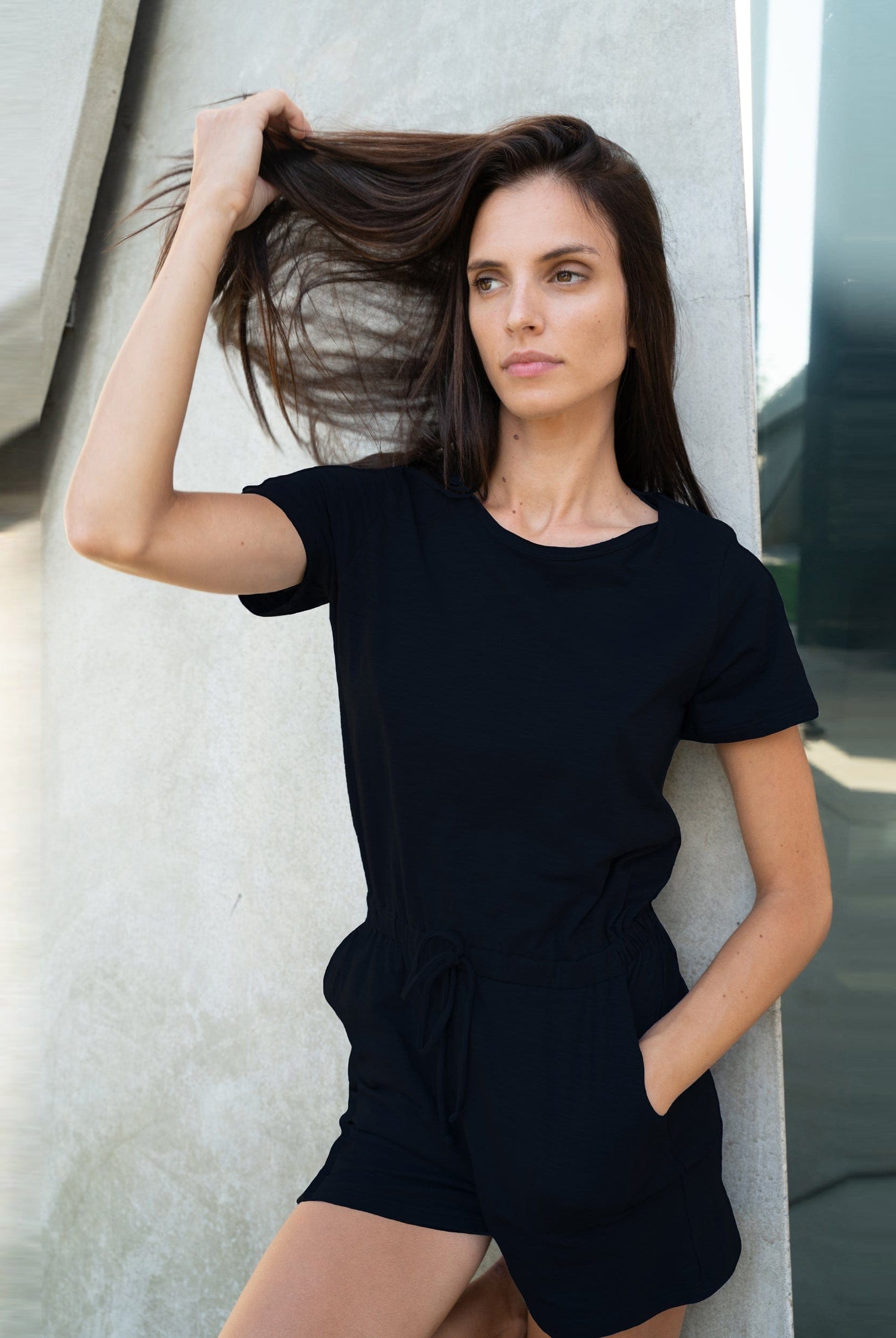 Lezat Rompers Sandy Short Sleeve Drawstring Romper - Black