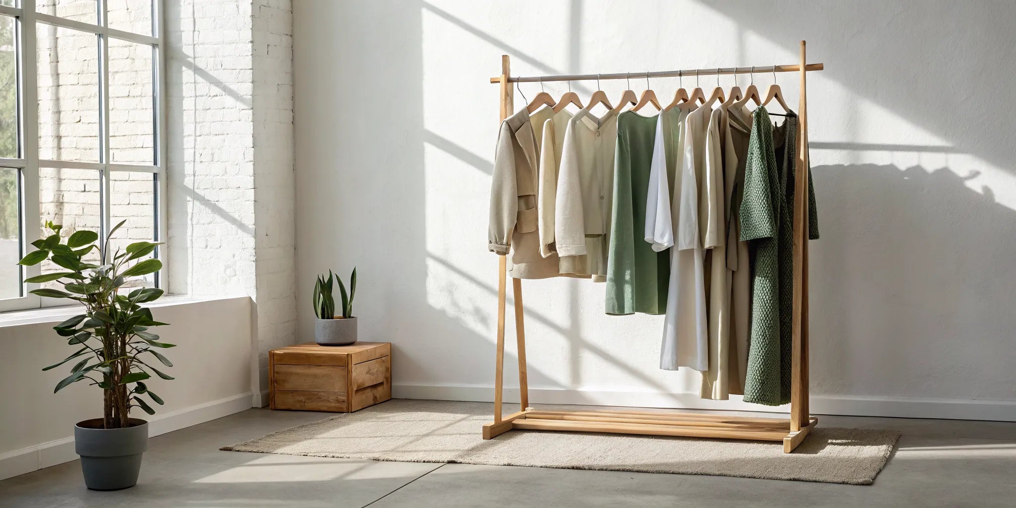 A rack of PFAS-free clothing from sustainable brands in a clean, sunlit room.