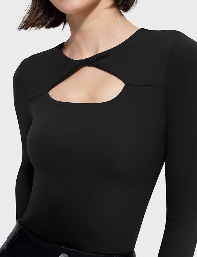 Lezat Bodysuit Whitney Cotton Long Sleeve Cutout Twist Bodysuit - Black