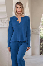 Lezat Pullover Jules Waffle Knit Organic Cotton V-Neck Pullover - Marine