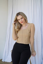 Lezat Top Hailey Mesh and Cotton Long Sleeve Top - Latte