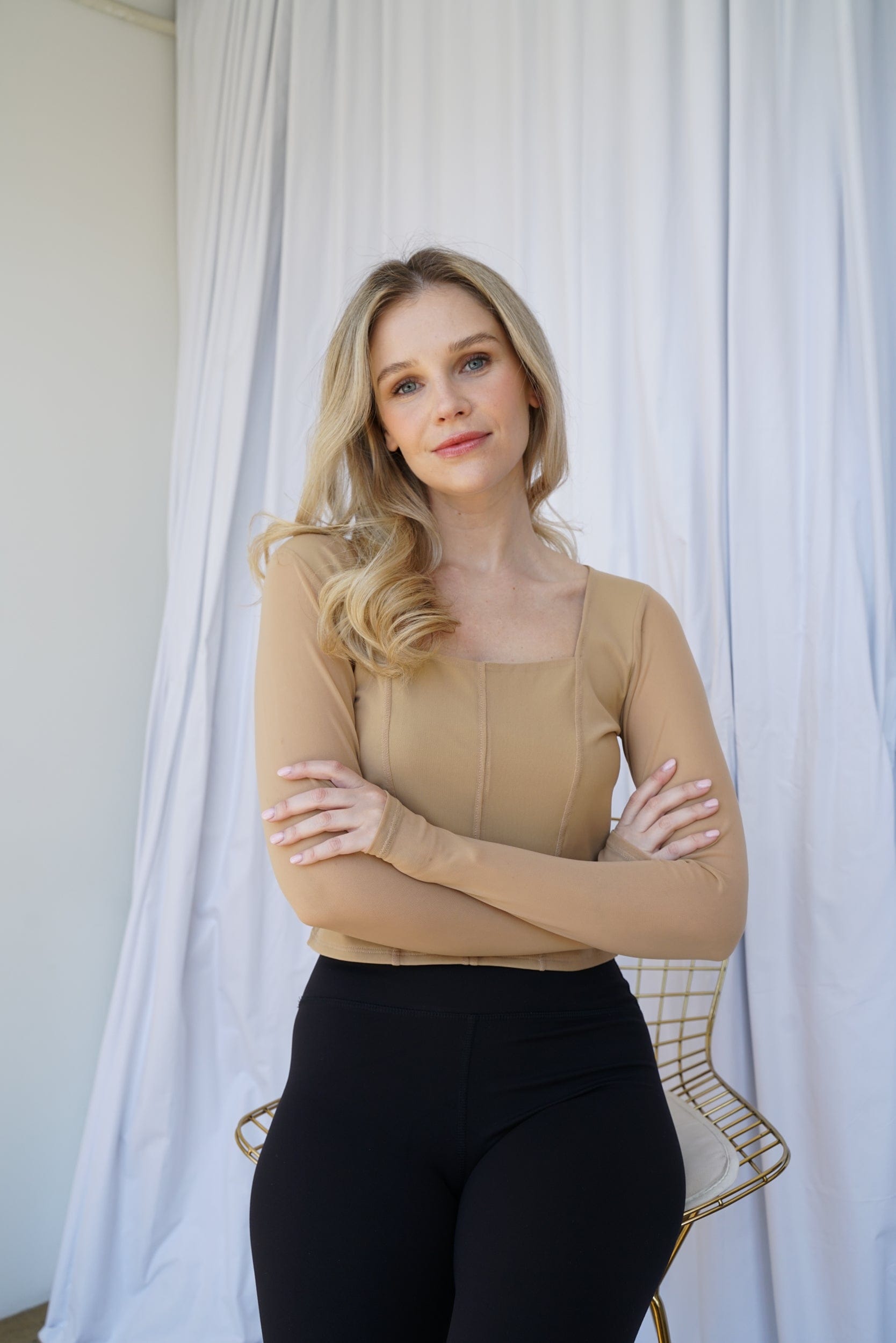 Lezat Top Hailey Mesh and Cotton Long Sleeve Top - Latte