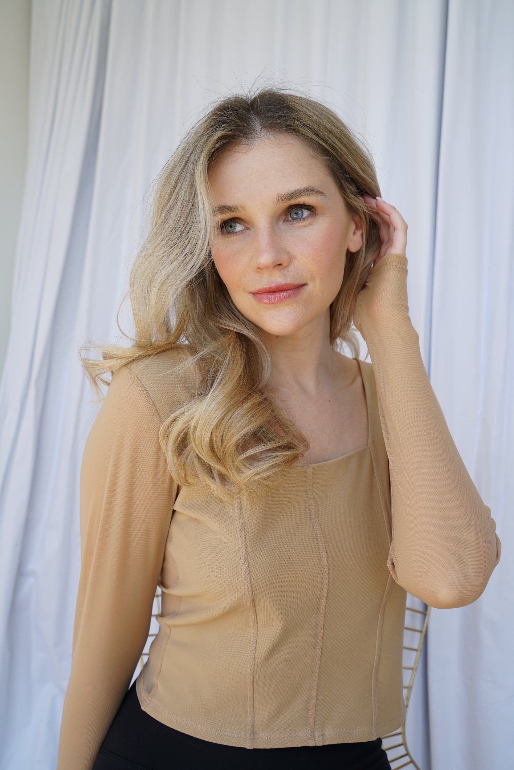 Lezat Top Hailey Mesh and Cotton Long Sleeve Top - Latte