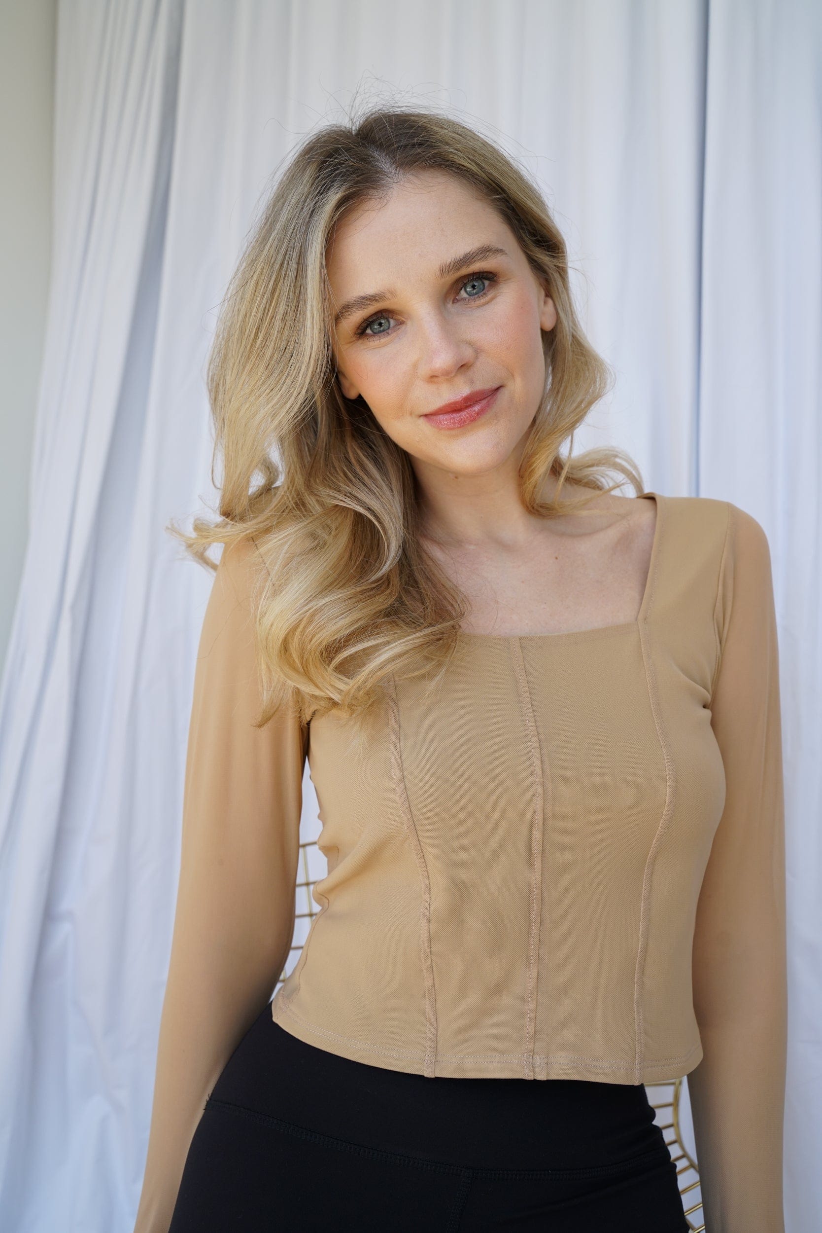 Lezat Top Hailey Mesh and Cotton Long Sleeve Top - Latte