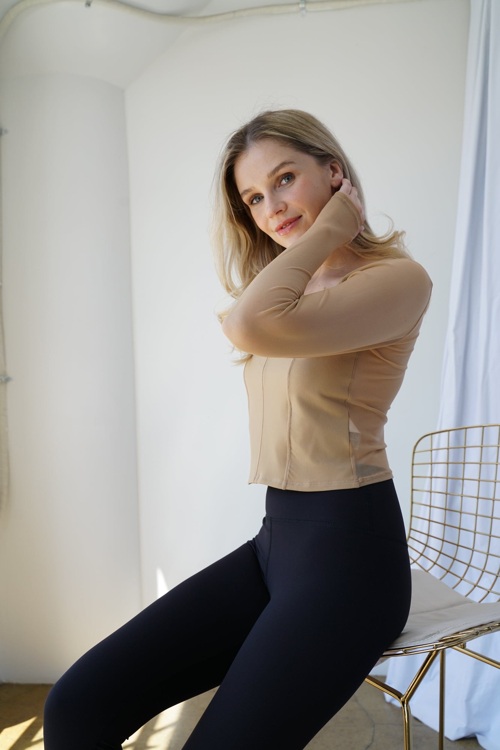 Lezat Top Hailey Mesh and Cotton Long Sleeve Top - Latte