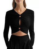Lezat Top Melli Cotton Cutout Long Sleeve Crop Top - Black