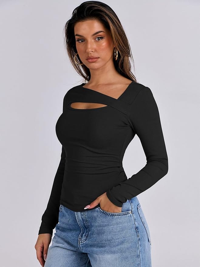 Lezat Top Paige Cotton Long Sleeve Cutout Top - Black