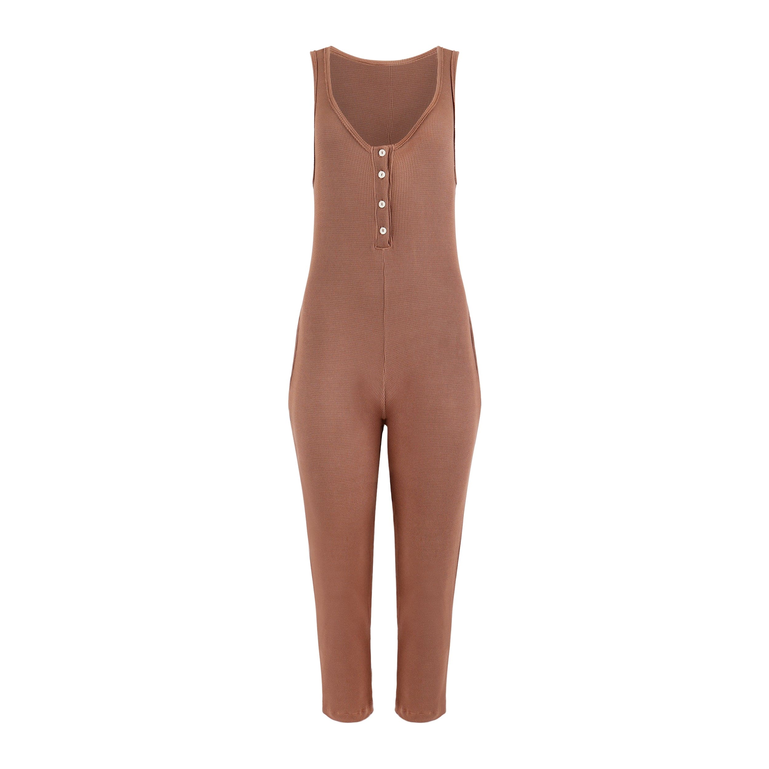 Lezat Jumpsuit Costa Organic Cotton Waffle Thermal Pocketed Jumpsuit - Cocoa