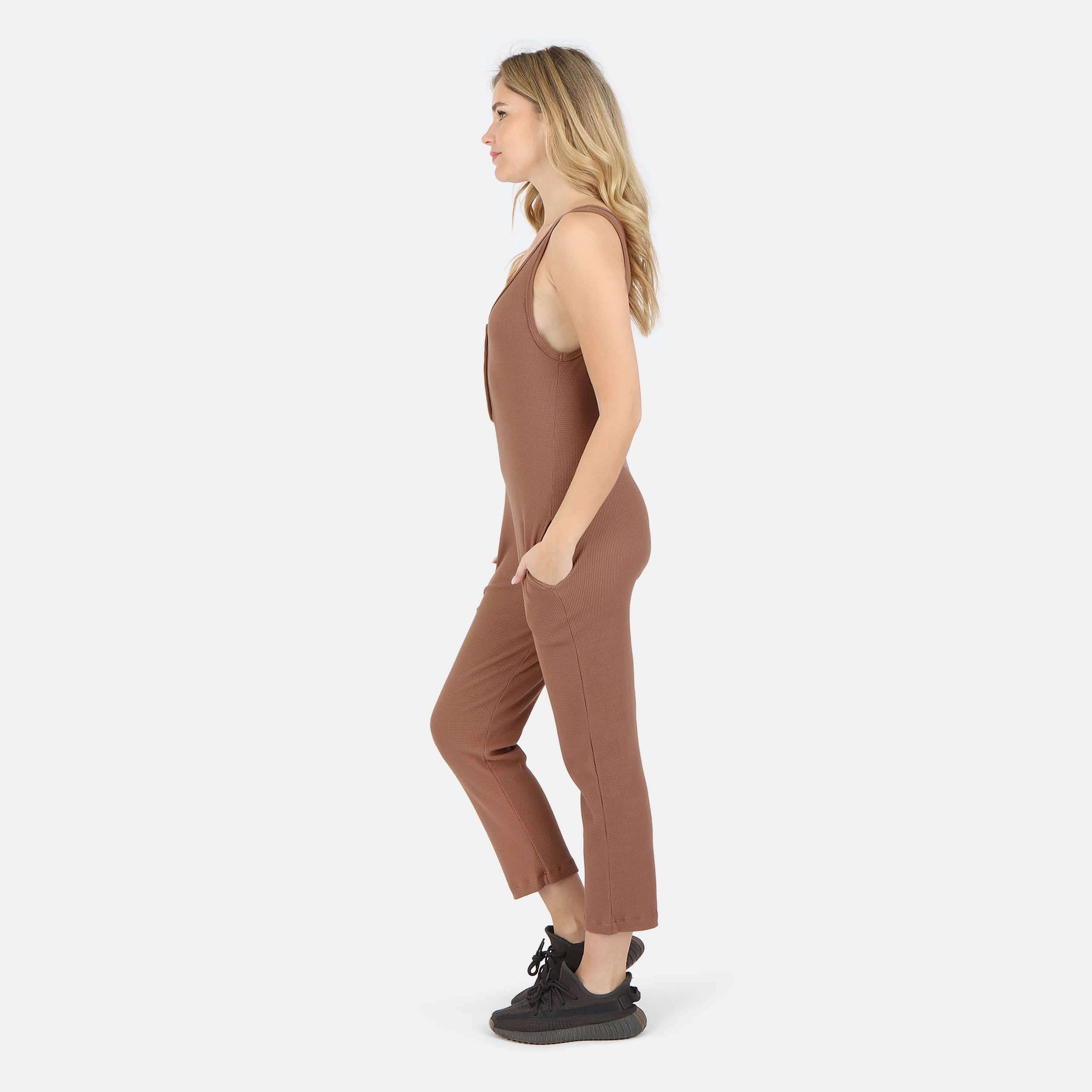 Lezat Jumpsuit Costa Organic Cotton Waffle Thermal Pocketed Jumpsuit - Cocoa