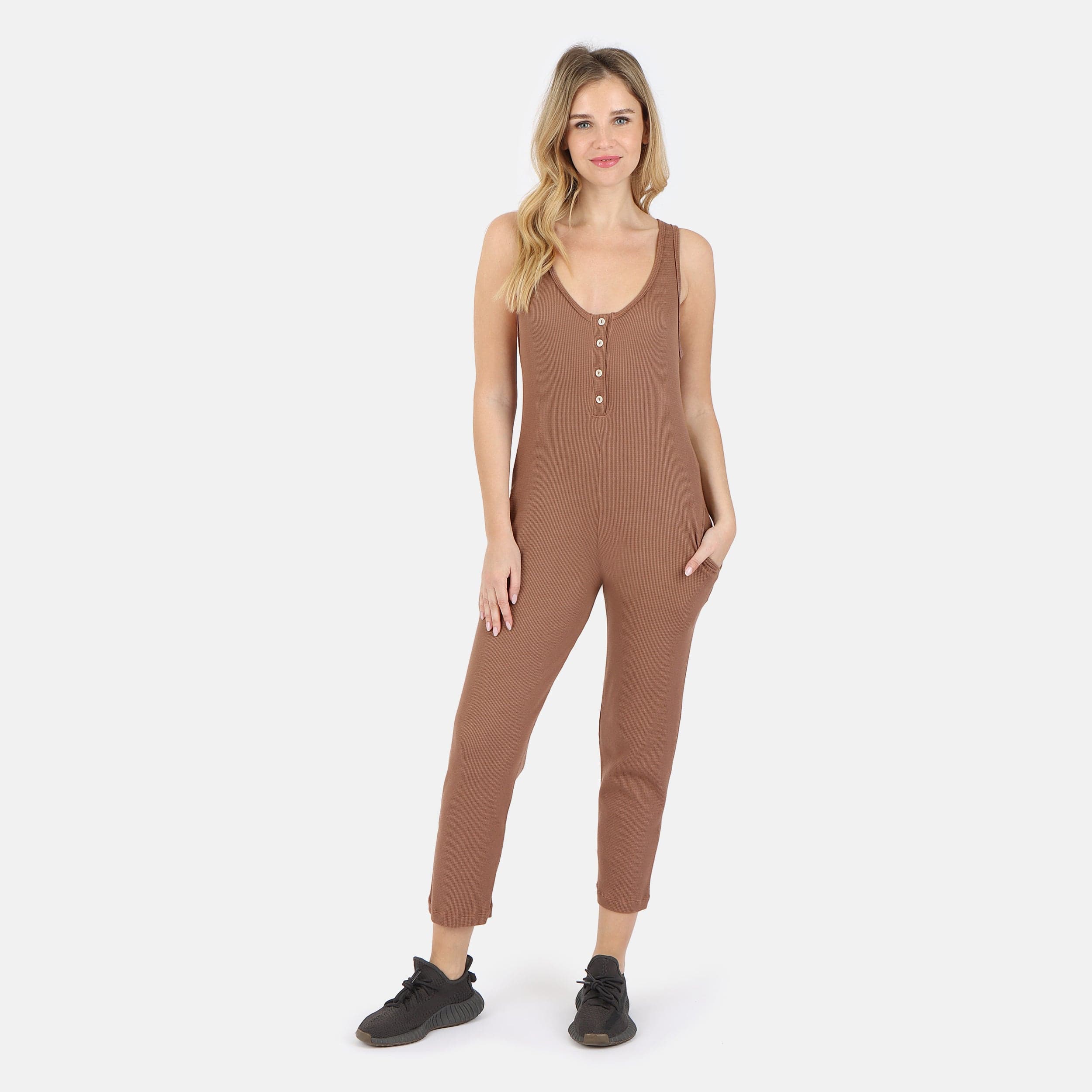 Lezat Jumpsuit Costa Organic Cotton Waffle Thermal Pocketed Jumpsuit - Cocoa