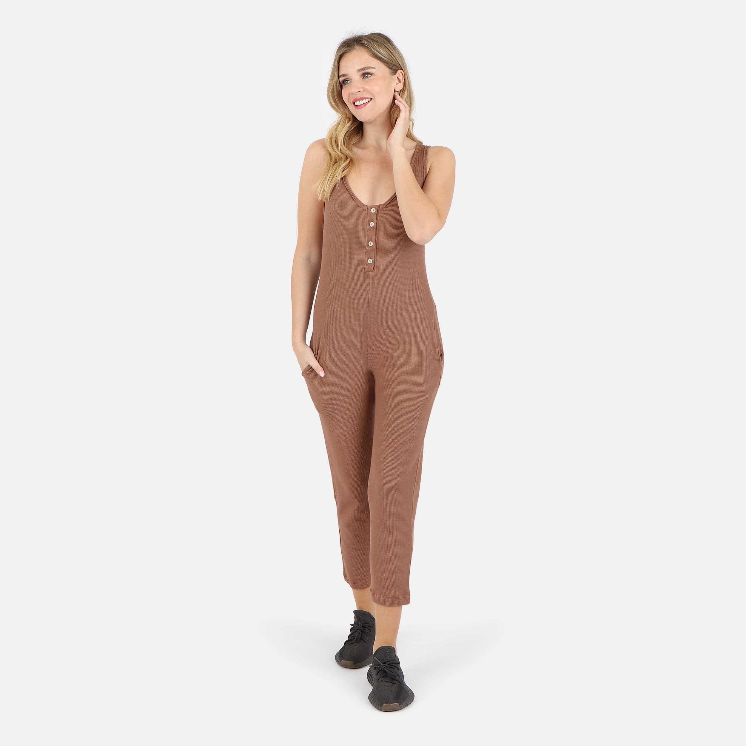 Lezat Jumpsuit Costa Organic Cotton Waffle Thermal Pocketed Jumpsuit - Cocoa