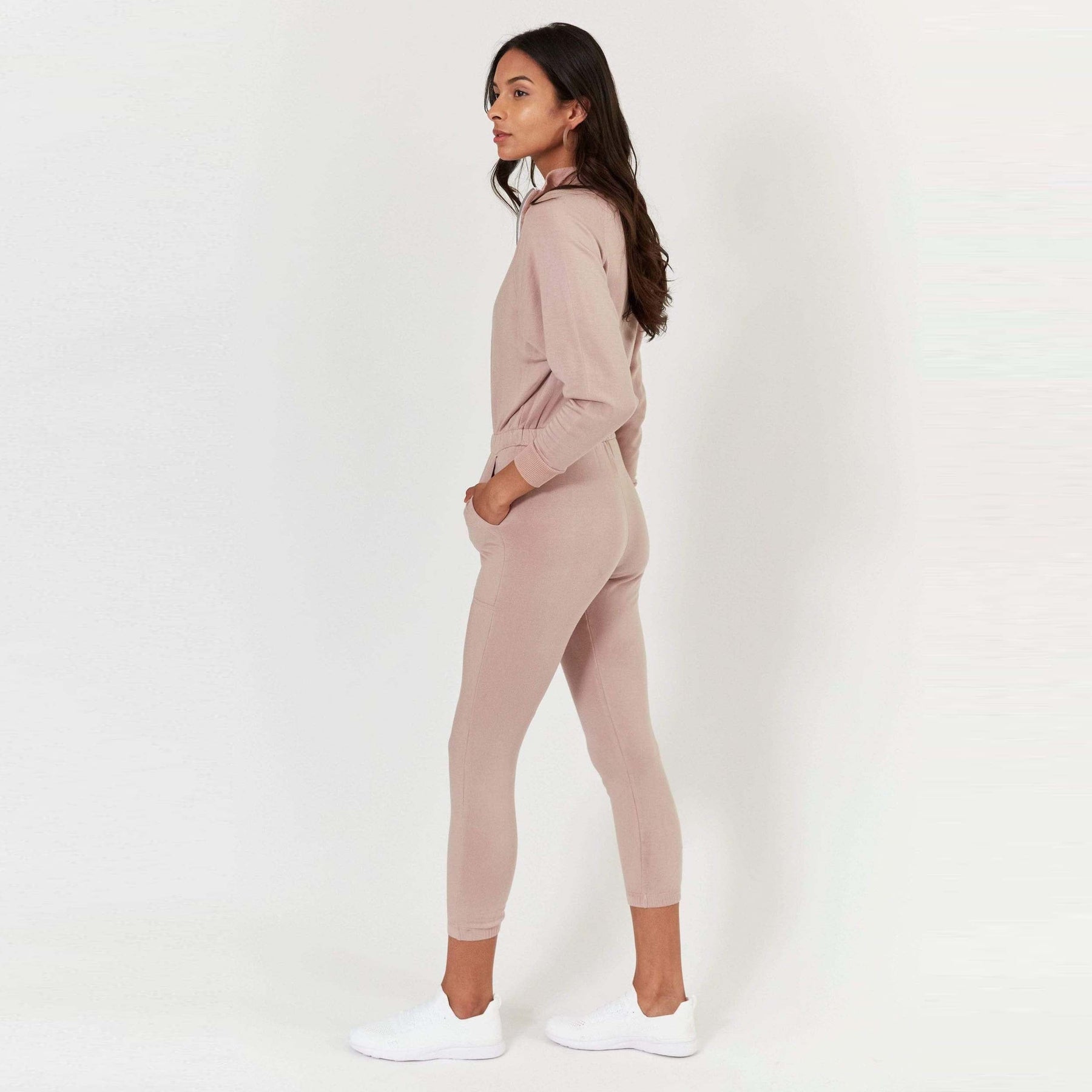 Pink suede jumpsuit outlet