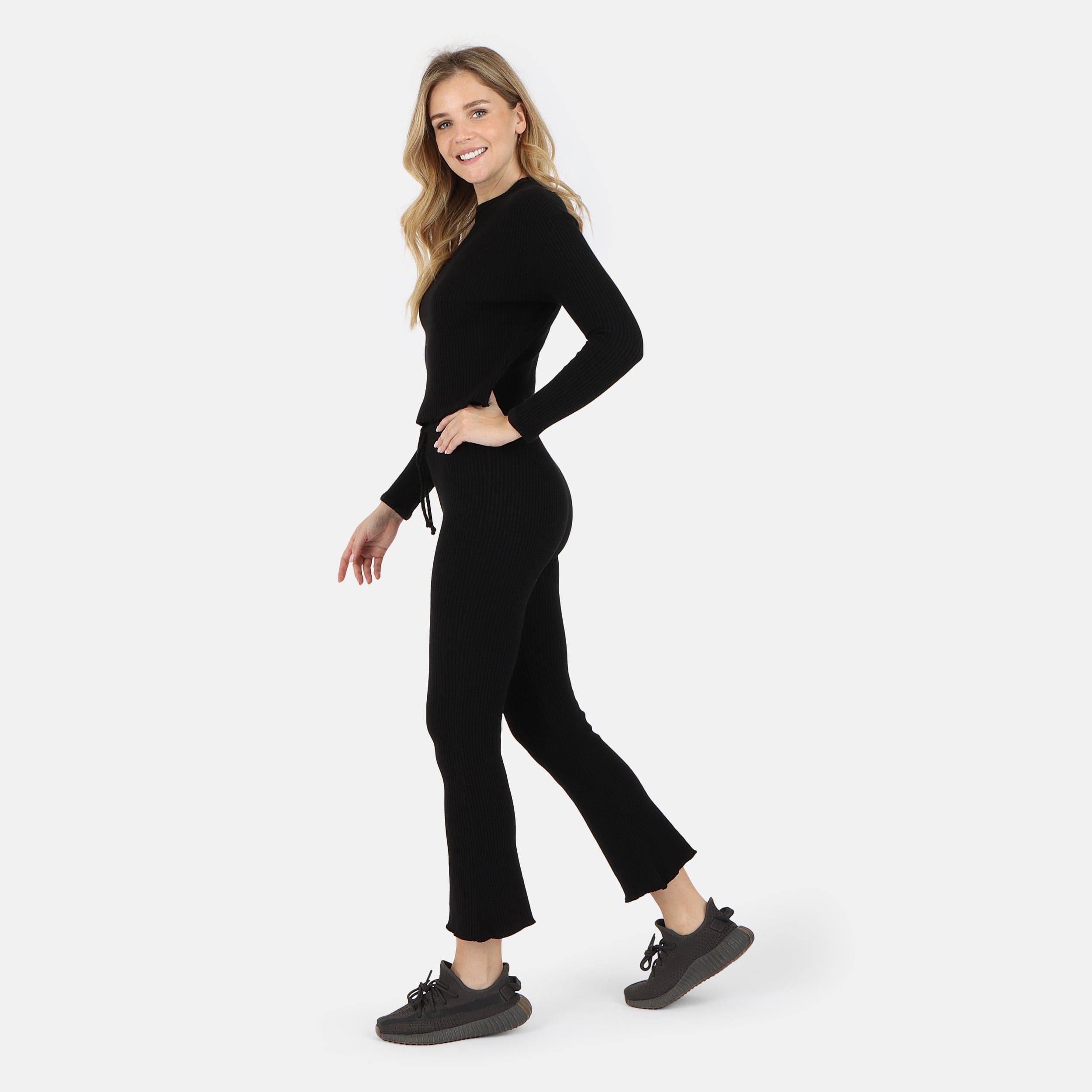Lezat Pullover Fiona Organic Cotton Waffle Thermal Pullover Top - Black