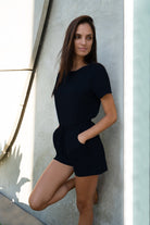 Lezat Rompers Sandy Short Sleeve Drawstring Romper - Black