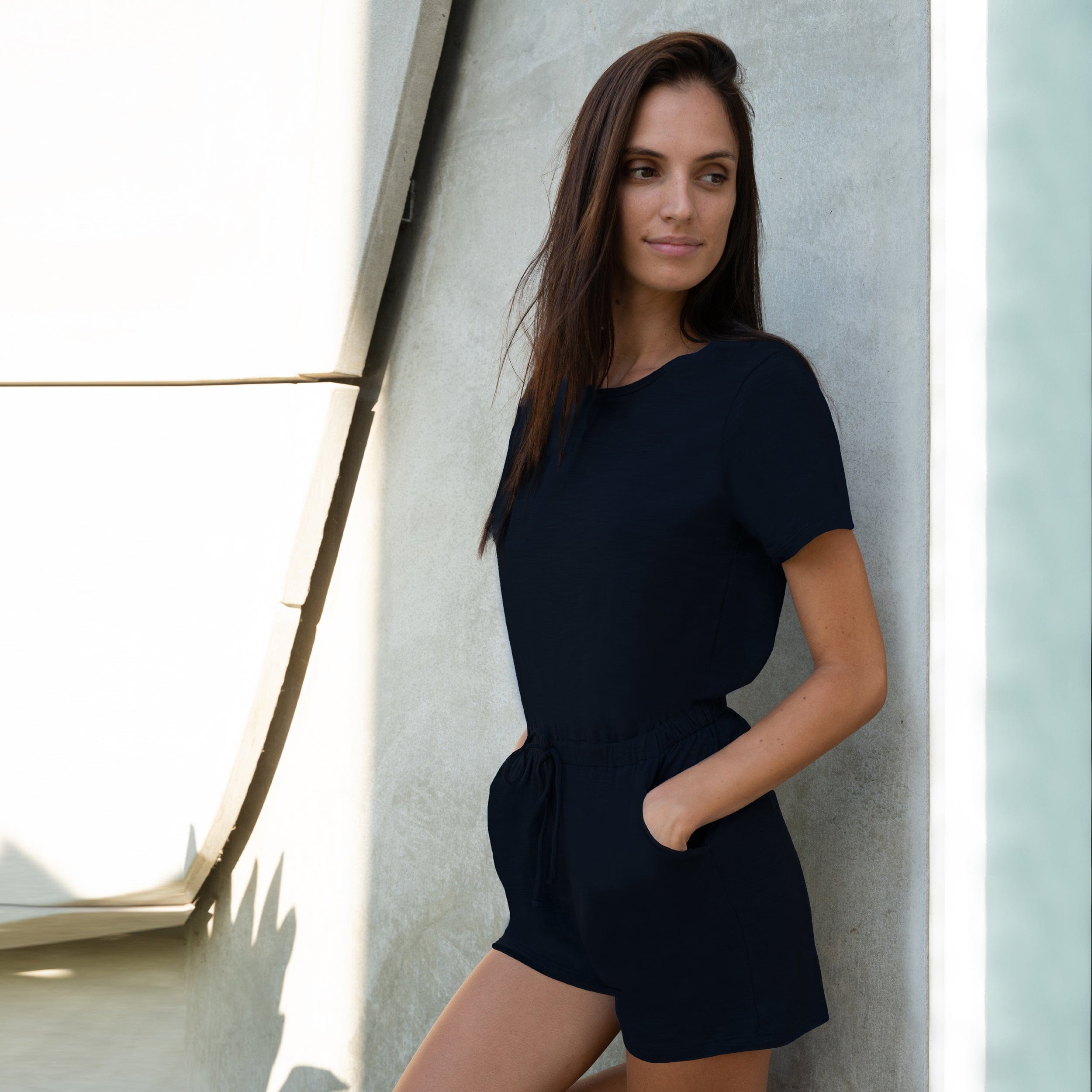 Lezat Rompers Sandy Short Sleeve Drawstring Romper - Black