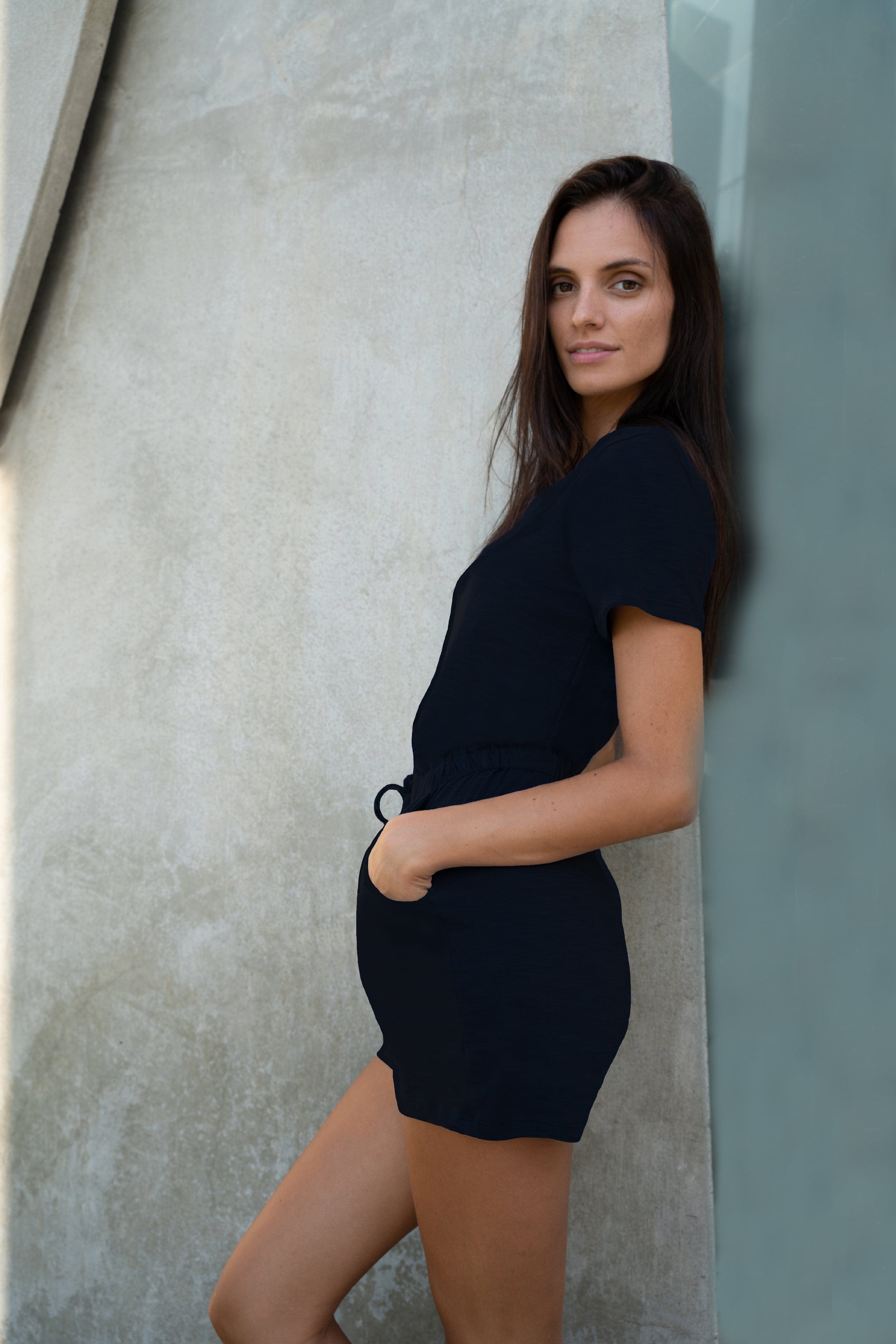 Lezat Rompers Sandy Short Sleeve Drawstring Romper - Black