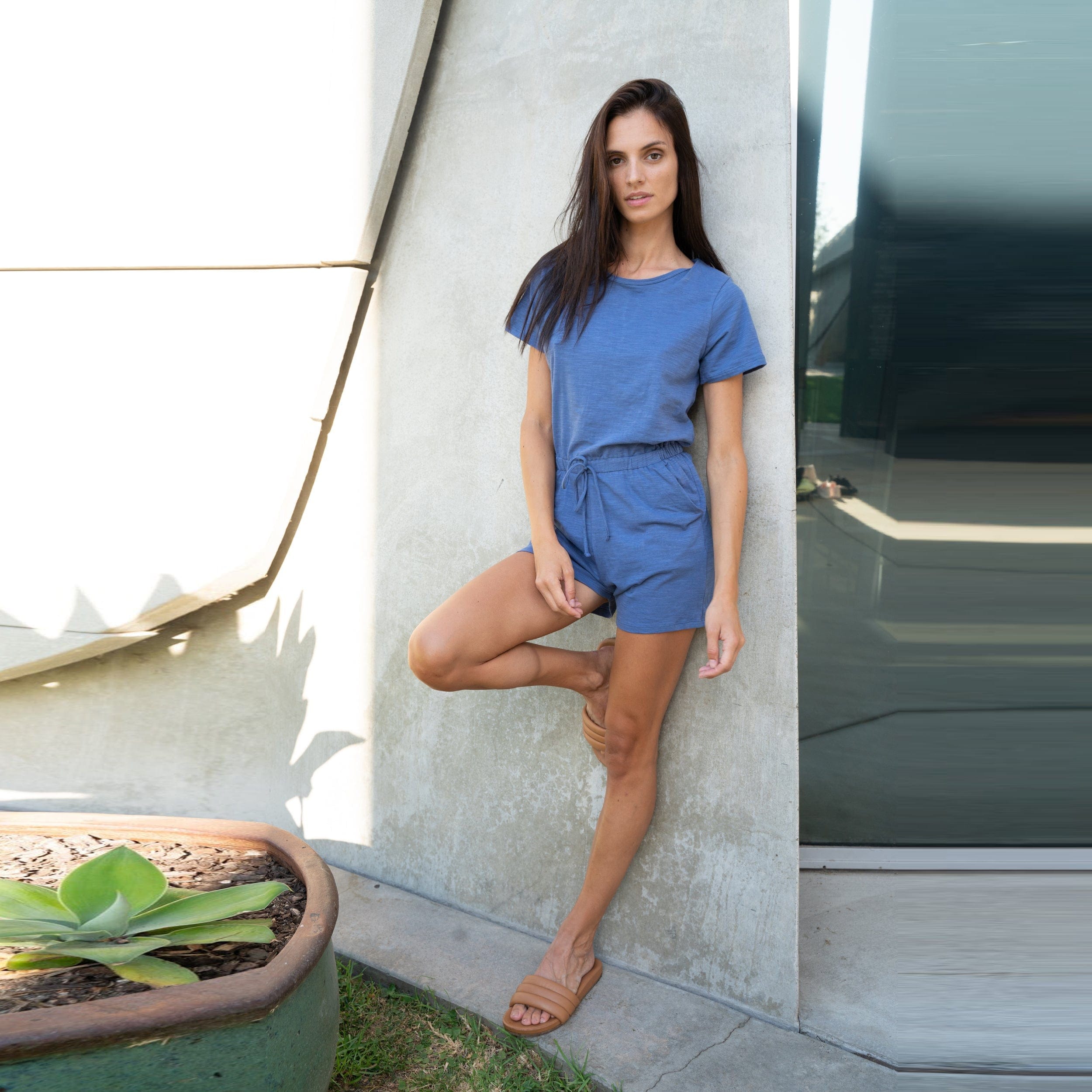 Lezat Rompers Sandy Short Sleeve Drawstring Romper - Denim